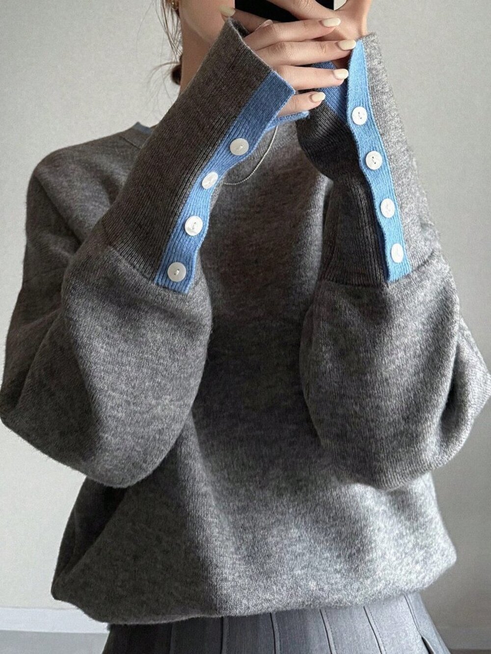 Grey Casual Women's Round Neck High Sleeve Collar Cuff Detail Loose-Fit Sweater
